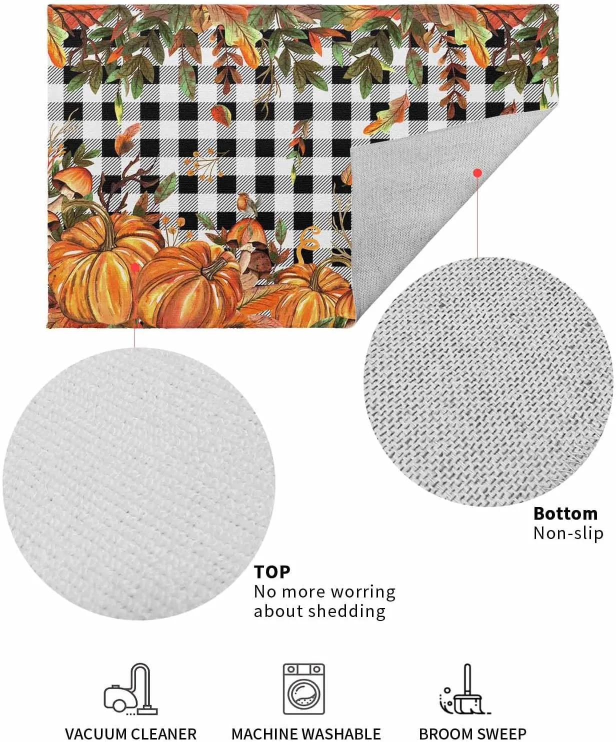 Fall Indoor Door Mat Washable Mat 16x24 Inch - Outdoor Non-Slip Mat Absorbent Resist Dirt Doormats Autumn Pumpkin Mushtoom Leaf Check Black White Floor Mat for Entryway Patio Bathroom