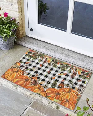Fall Indoor Door Mat Washable Mat 16x24 Inch - Outdoor Non-Slip Mat Absorbent Resist Dirt Doormats Autumn Pumpkin Mushtoom Leaf Check Black White Floor Mat for Entryway Patio Bathroom