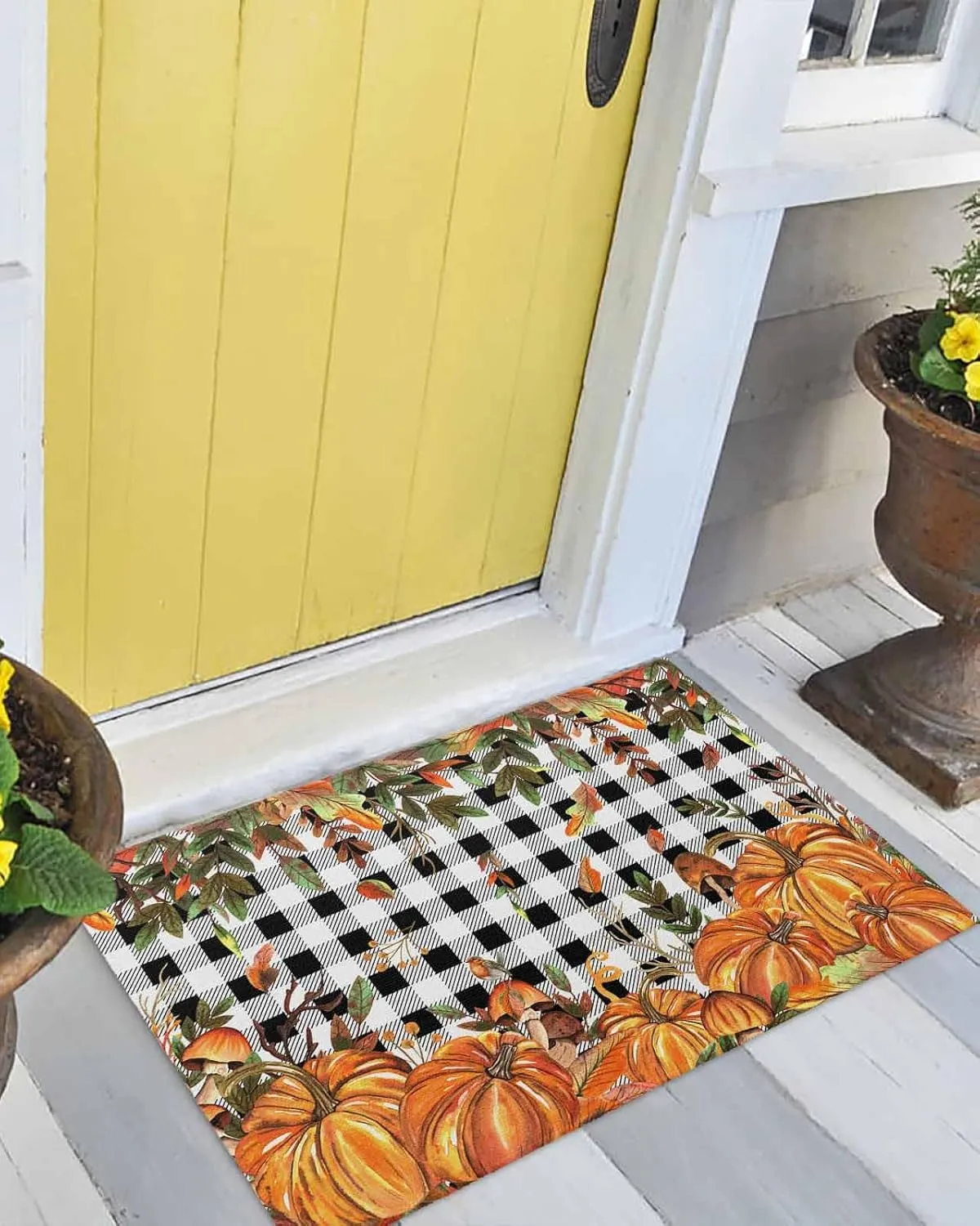 Fall Indoor Door Mat Washable Mat 16x24 Inch - Outdoor Non-Slip Mat Absorbent Resist Dirt Doormats Autumn Pumpkin Mushtoom Leaf Check Black White Floor Mat for Entryway Patio Bathroom