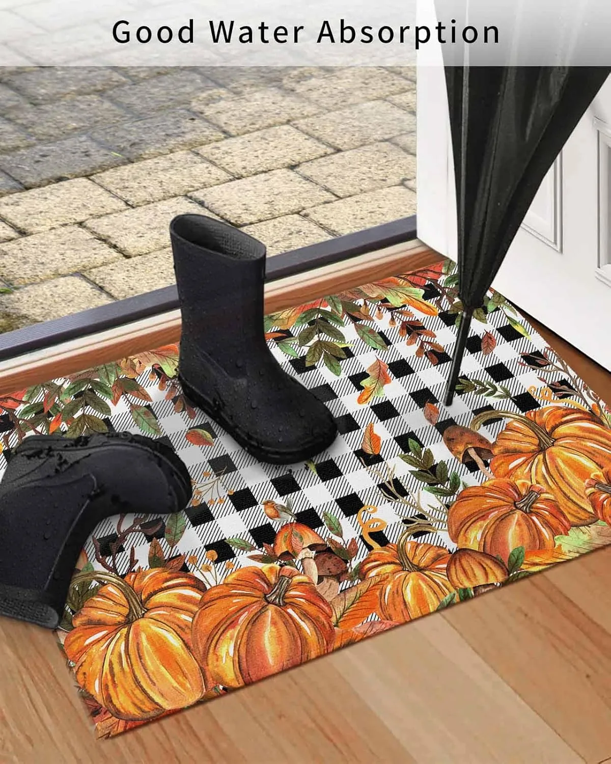 Fall Indoor Door Mat Washable Mat 16x24 Inch - Outdoor Non-Slip Mat Absorbent Resist Dirt Doormats Autumn Pumpkin Mushtoom Leaf Check Black White Floor Mat for Entryway Patio Bathroom