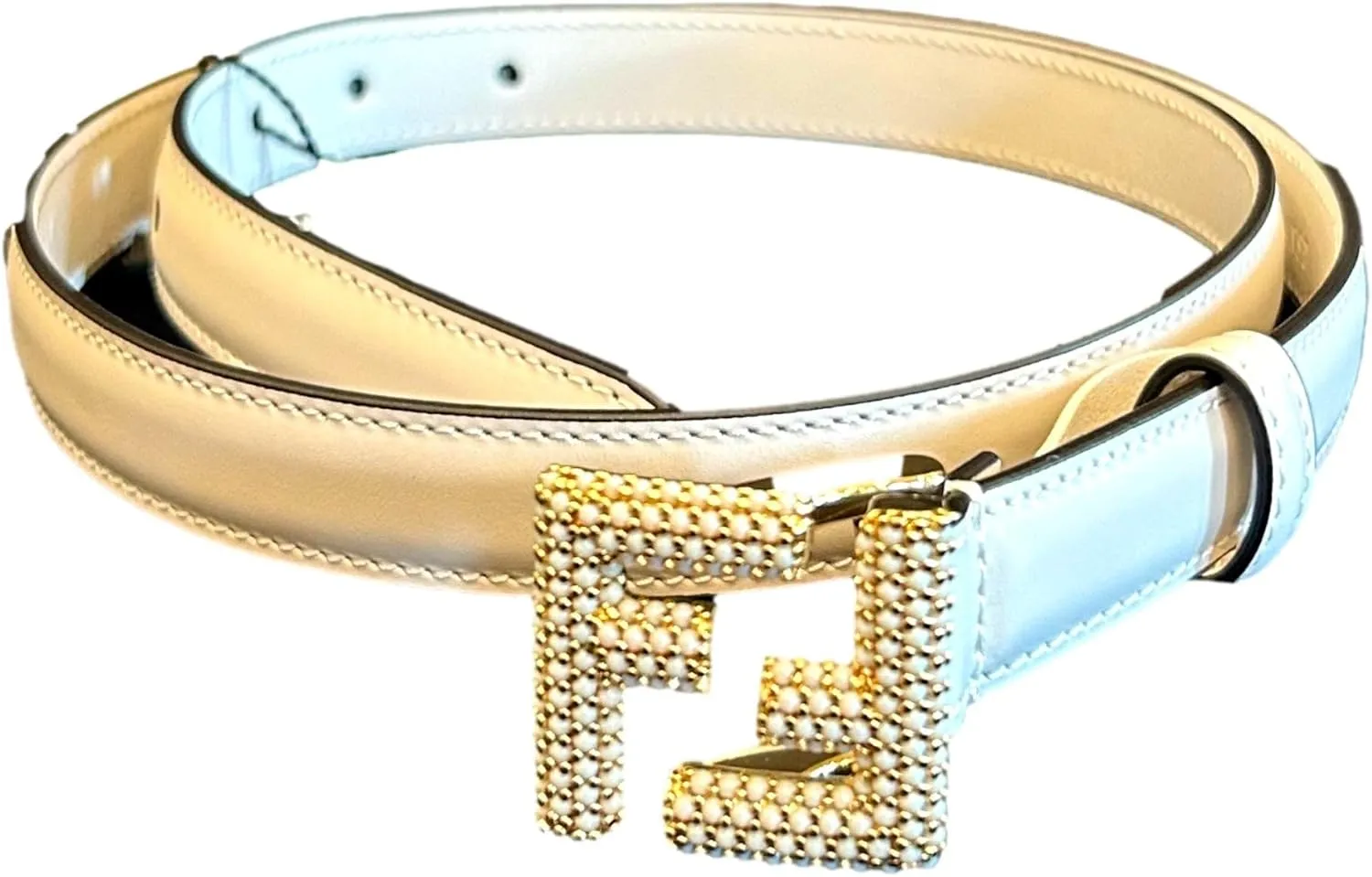 FENDI Women's FF Logo Studded Skinny Ivory Latte Belt, Size 90