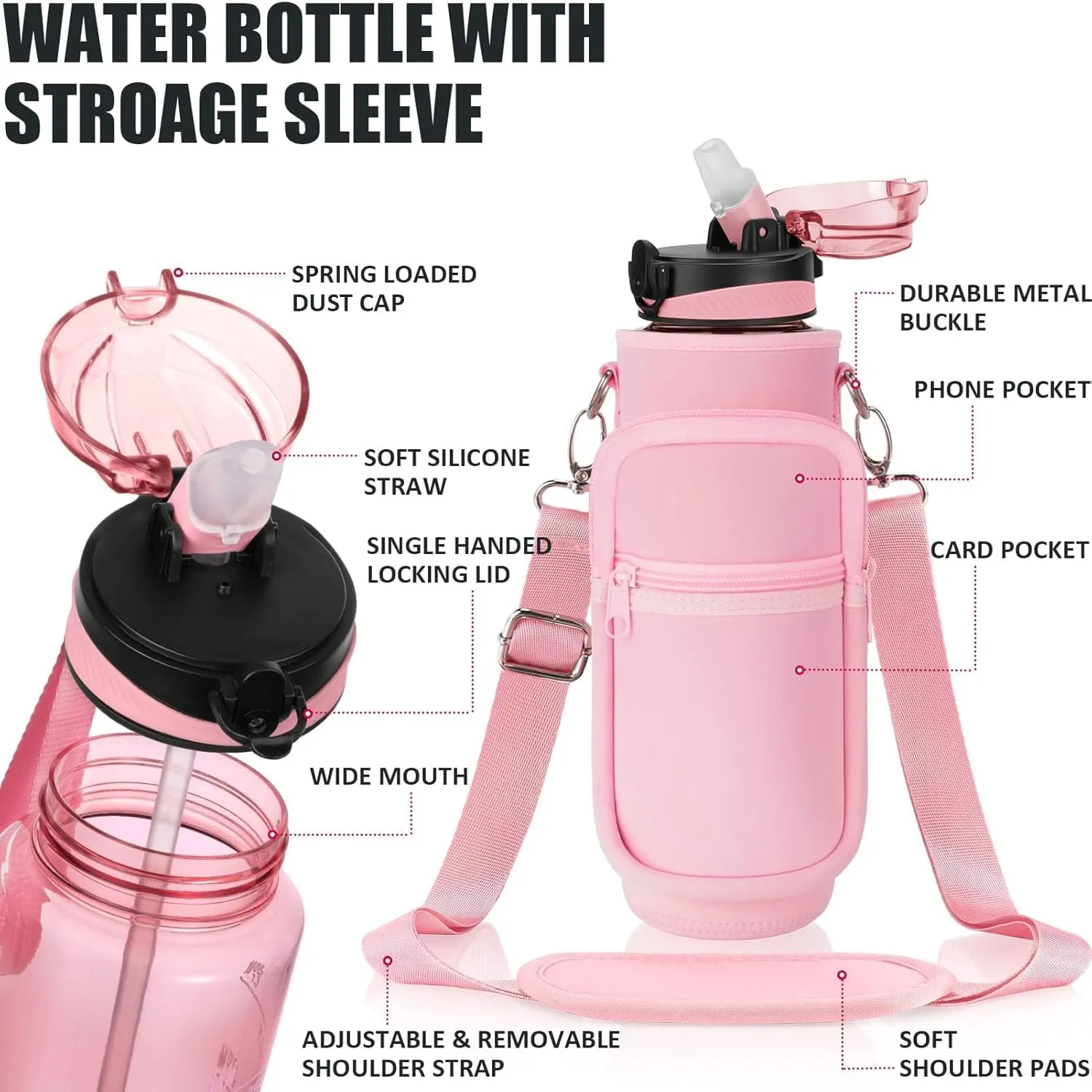 Fimibuke 32 oz Water Bottle with Sleeve - BPA Free Leakproof Sport Large 1L Plastic Motivational Water Bottle with Straw Strap & Insulated Neoprene Holder Carrier Bag Great Xmas Gift for Women Men