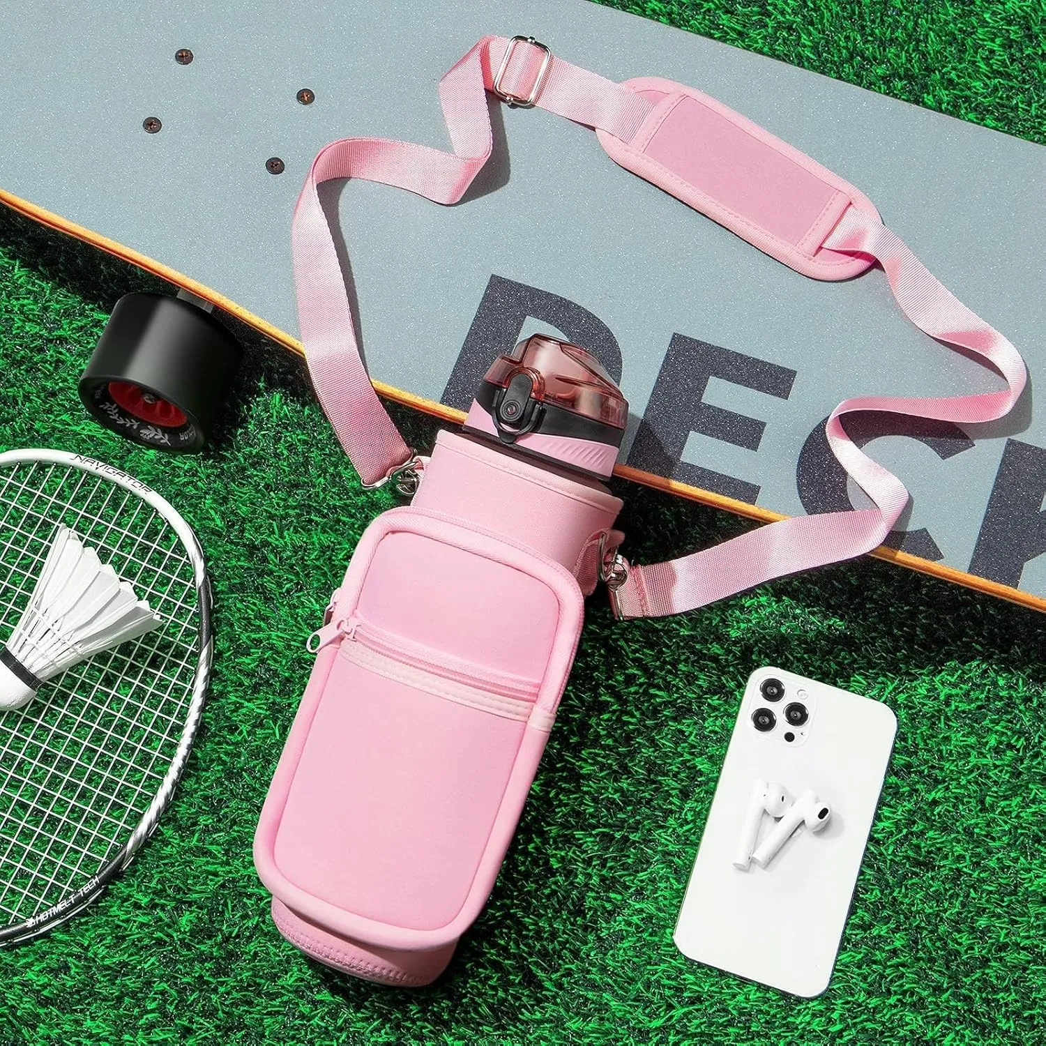 Fimibuke 32 oz Water Bottle with Sleeve - BPA Free Leakproof Sport Large 1L Plastic Motivational Water Bottle with Straw Strap & Insulated Neoprene Holder Carrier Bag Great Xmas Gift for Women Men