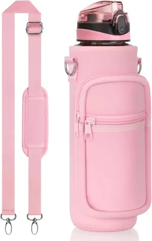 Fimibuke 32 oz Water Bottle with Sleeve - BPA Free Leakproof Sport Large 1L Plastic Motivational Water Bottle with Straw Strap & Insulated Neoprene Holder Carrier Bag Great Xmas Gift for Women Men