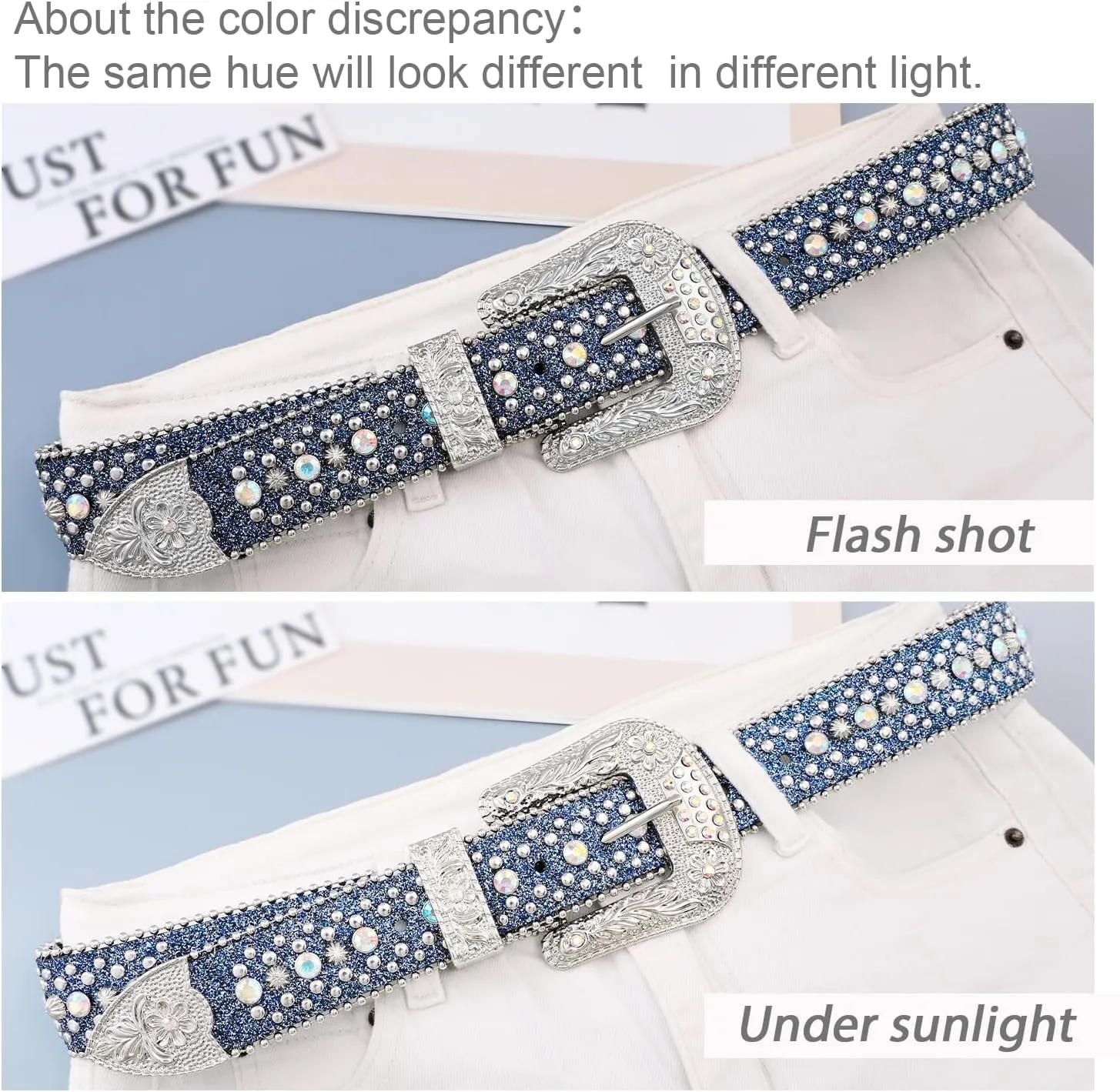 FIORETTO Men Women Rhinestone Belt Bling Western Studded Leather Belt Shining Diamond Waist Belt for Cowgirl Cowboy Jeans