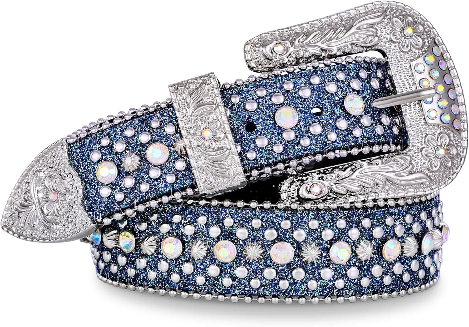 FIORETTO Men Women Rhinestone Belt Bling Western Studded Leather Belt Shining Diamond Waist Belt for Cowgirl Cowboy Jeans