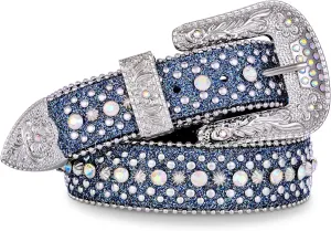FIORETTO Men Women Rhinestone Belt Bling Western Studded Leather Belt Shining Diamond Waist Belt for Cowgirl Cowboy Jeans