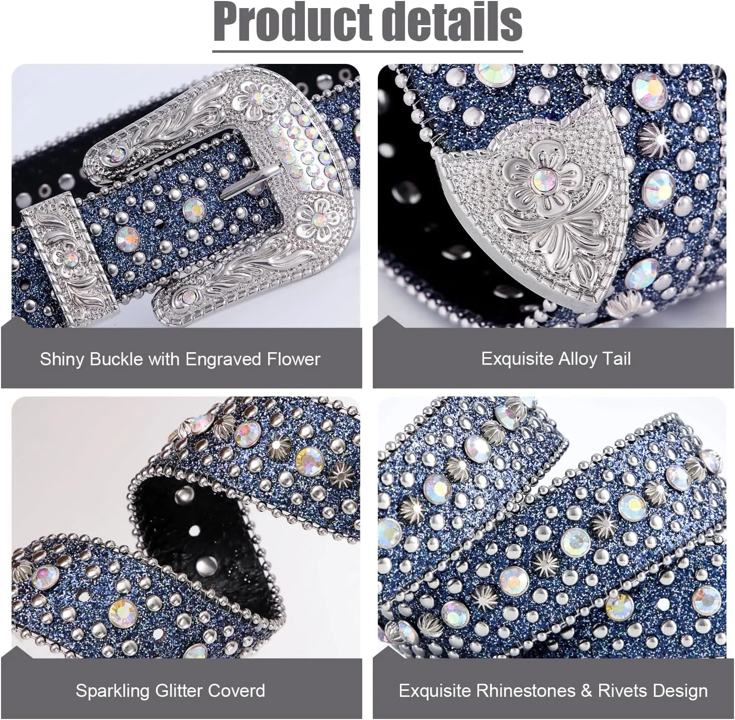 FIORETTO Men Women Rhinestone Belt Bling Western Studded Leather Belt Shining Diamond Waist Belt for Cowgirl Cowboy Jeans