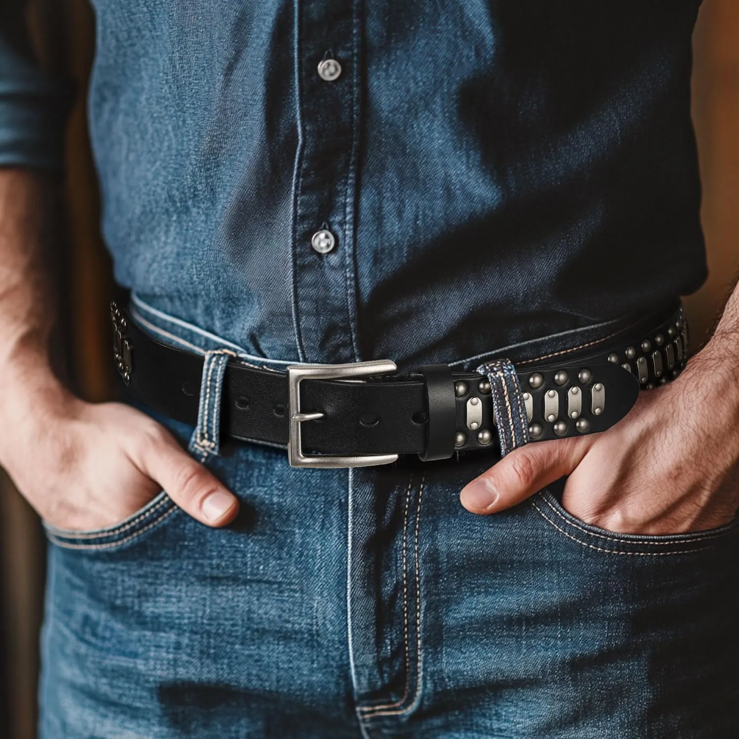 FIORETTO Stylish Mens Studded Casual Italian Cowhide Leather Belts For Jeans Punk Rock Rivets Belt With Buckle For Men Black