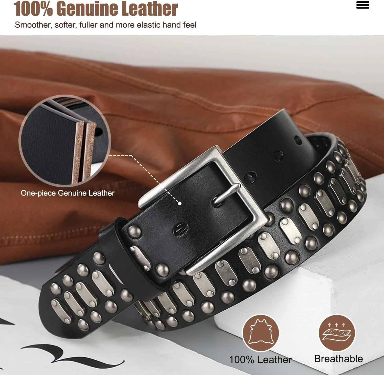 FIORETTO Stylish Mens Studded Casual Italian Cowhide Leather Belts For Jeans Punk Rock Rivets Belt With Buckle For Men Black