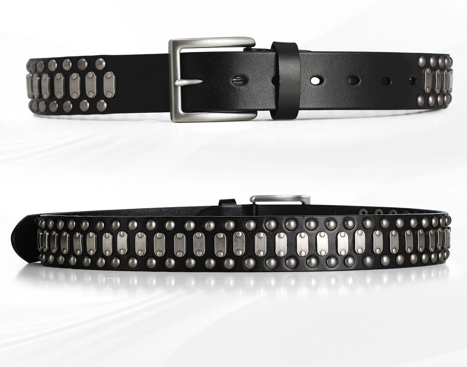 FIORETTO Stylish Mens Studded Casual Italian Cowhide Leather Belts For Jeans Punk Rock Rivets Belt With Buckle For Men Black