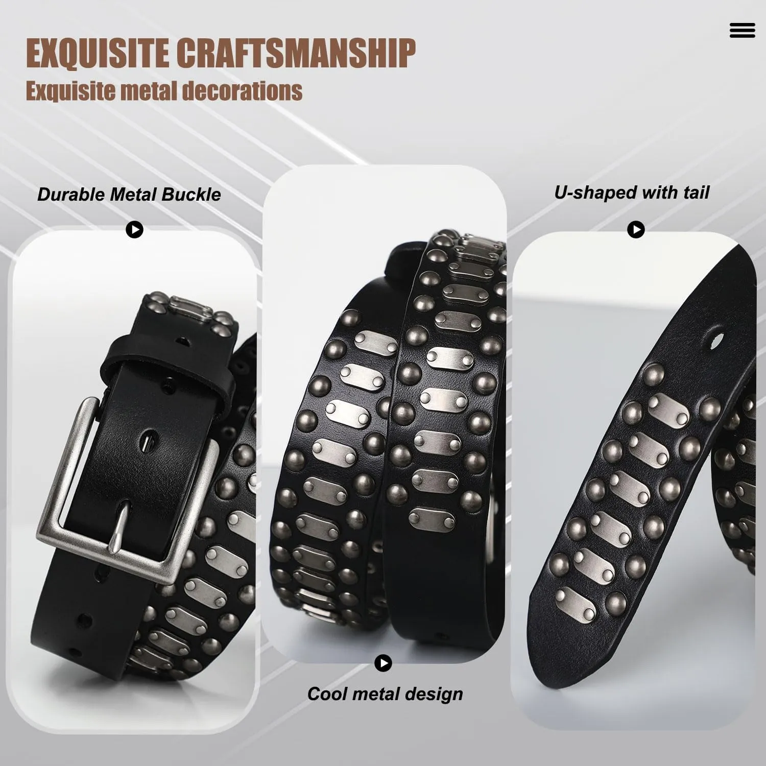 FIORETTO Stylish Mens Studded Casual Italian Cowhide Leather Belts For Jeans Punk Rock Rivets Belt With Buckle For Men Black