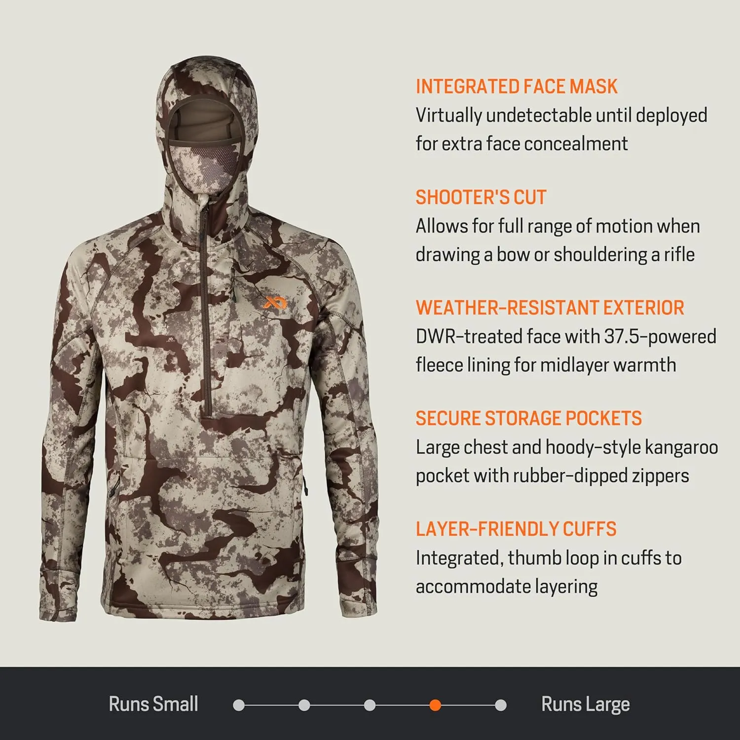 First Lite Men’s Origin Hoody - Lightweight Knit Fleece Insulated Camo Hunting Pullover, Thermal Mid Layer With Face Mask