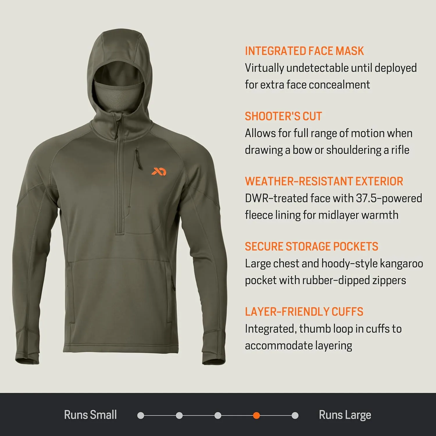 First Lite Men’s Origin Hoody - Lightweight Knit Fleece Insulated Camo Hunting Pullover, Thermal Mid Layer With Face Mask