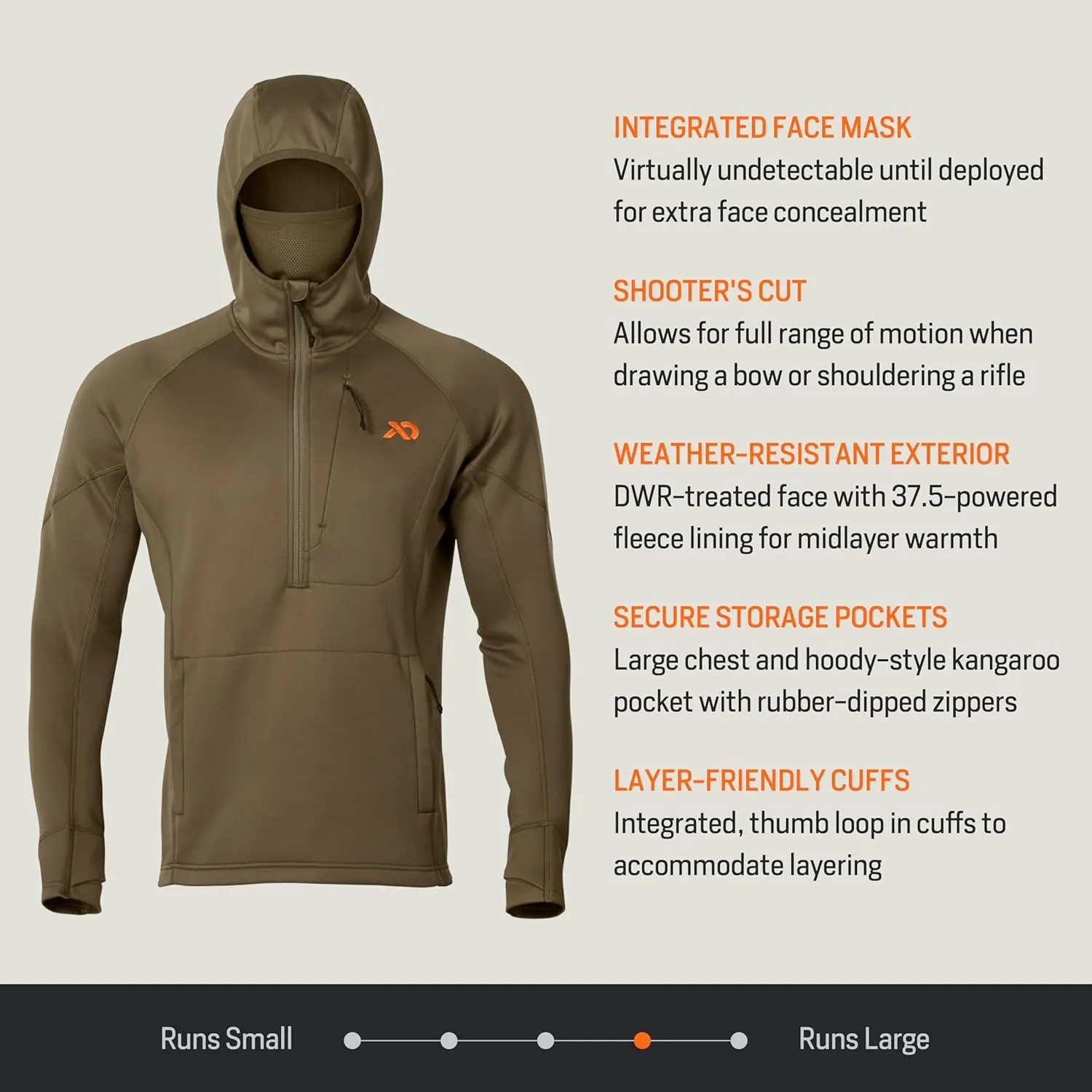 First Lite Men’s Origin Hoody - Lightweight Knit Fleece Insulated Camo Hunting Pullover, Thermal Mid Layer With Face Mask