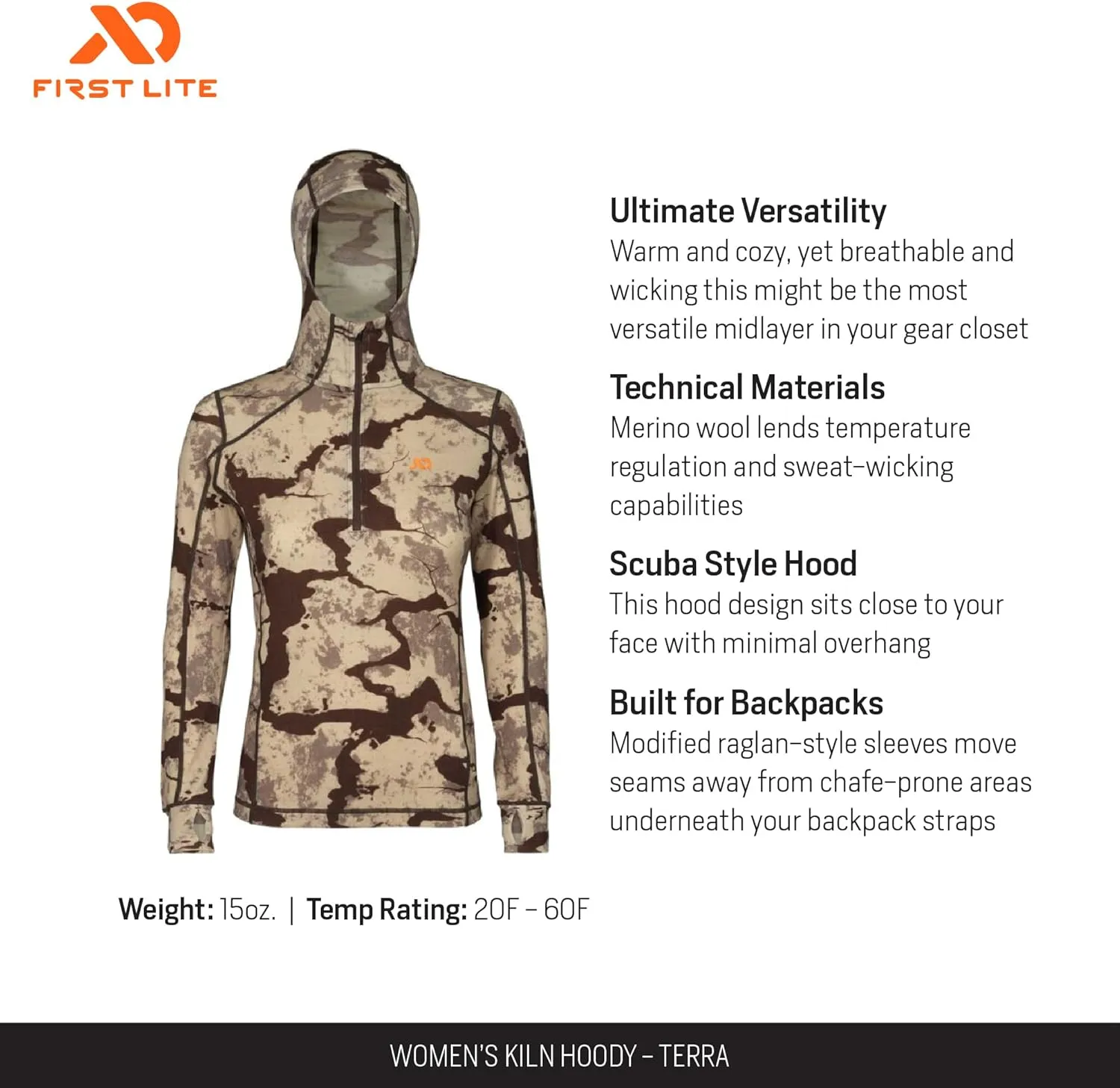 First Lite Women's Kiln Hoody - Merino Wool Midweight Camo Hunting Base Layer