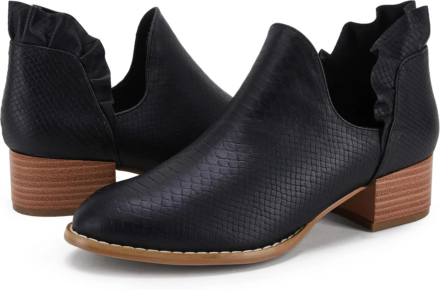FISACE Womens Ruffled Ankle Boots V Cut Out Pointed Toe Chunky Low Heel Dressy Western Booties