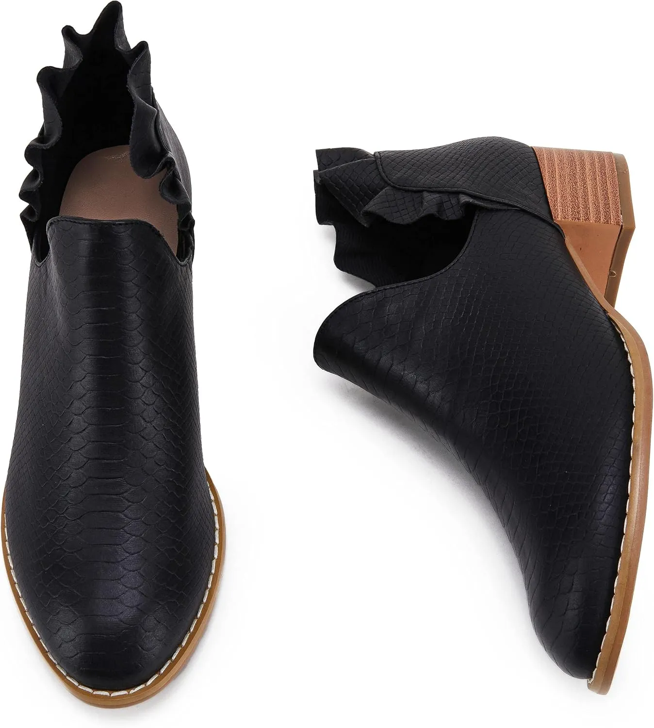 FISACE Womens Ruffled Ankle Boots V Cut Out Pointed Toe Chunky Low Heel Dressy Western Booties
