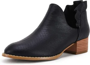 FISACE Womens Ruffled Ankle Boots V Cut Out Pointed Toe Chunky Low Heel Dressy Western Booties