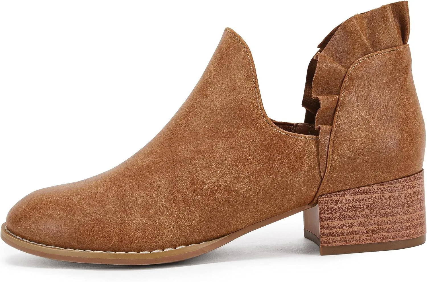 FISACE Womens Ruffled Ankle Boots V Cut Out Pointed Toe Chunky Low Heel Dressy Western Booties