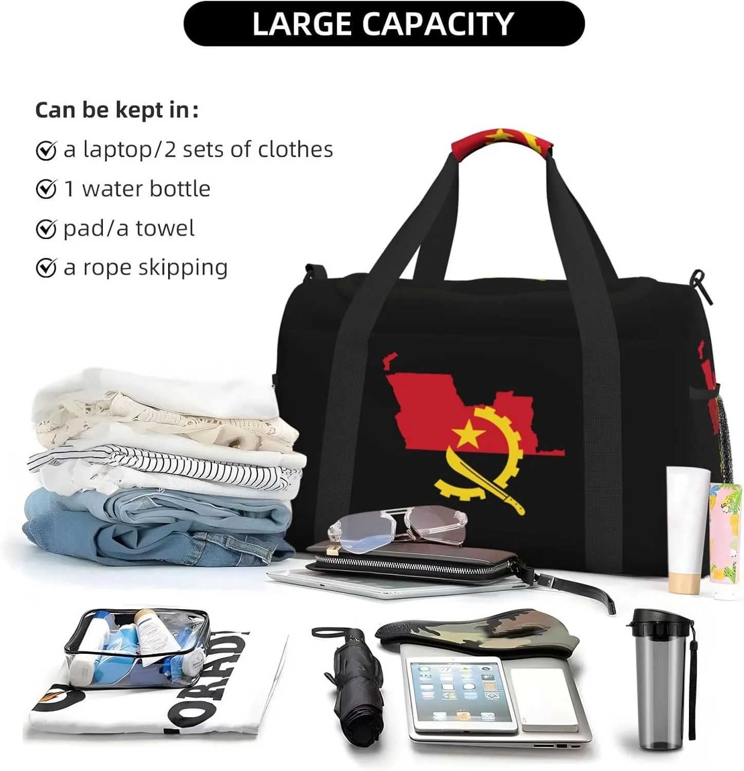 Flag Map Of Angola Travel Duffel Bag Large Foldable Waterproof Overnight Bag For Beach Swim Bags Pool Sports Gym