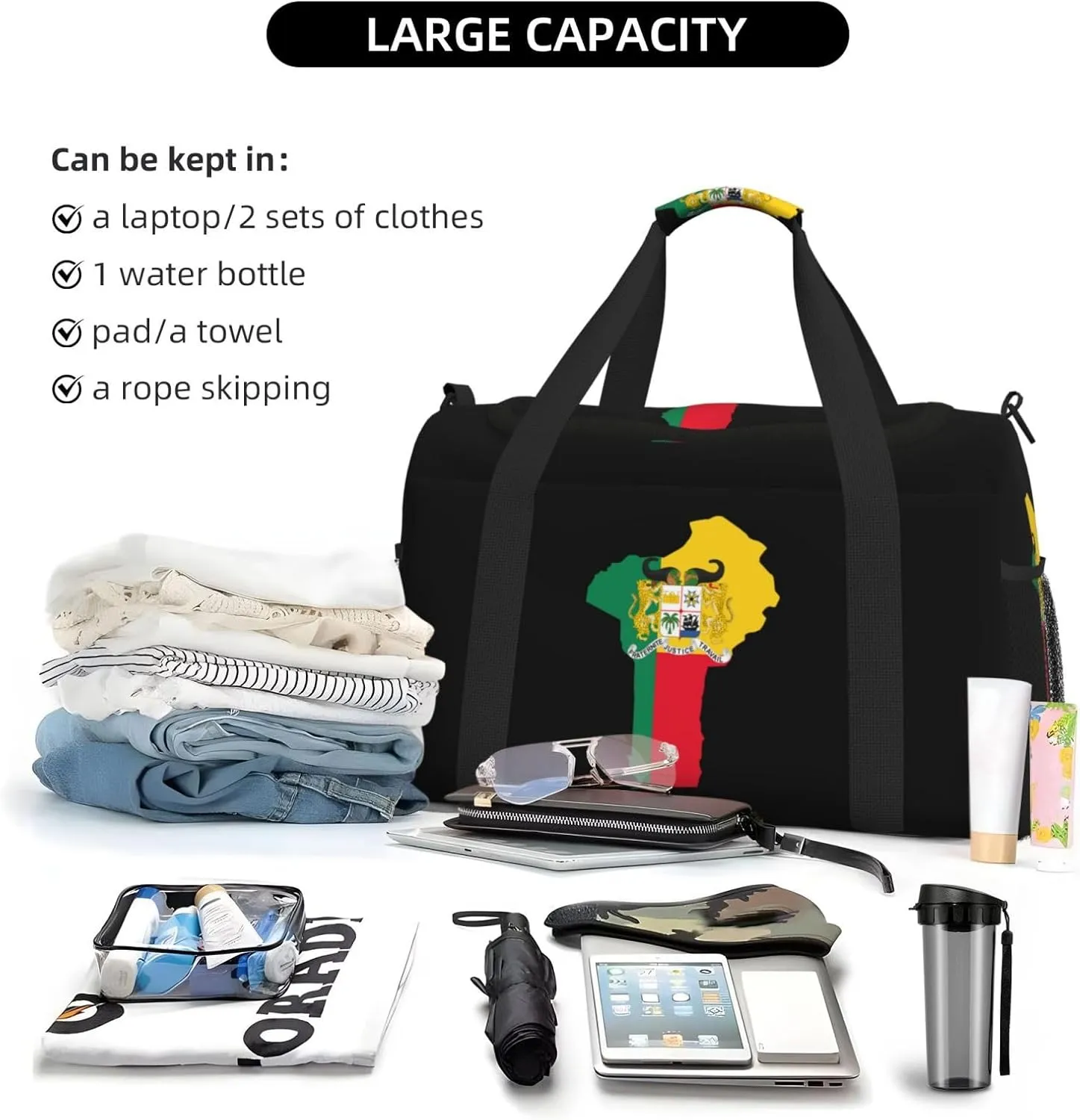 Flag Map Of Benin Travel Duffel Bag Large Foldable Waterproof Overnight Bag For Beach Swim Bags Pool Sports Gym