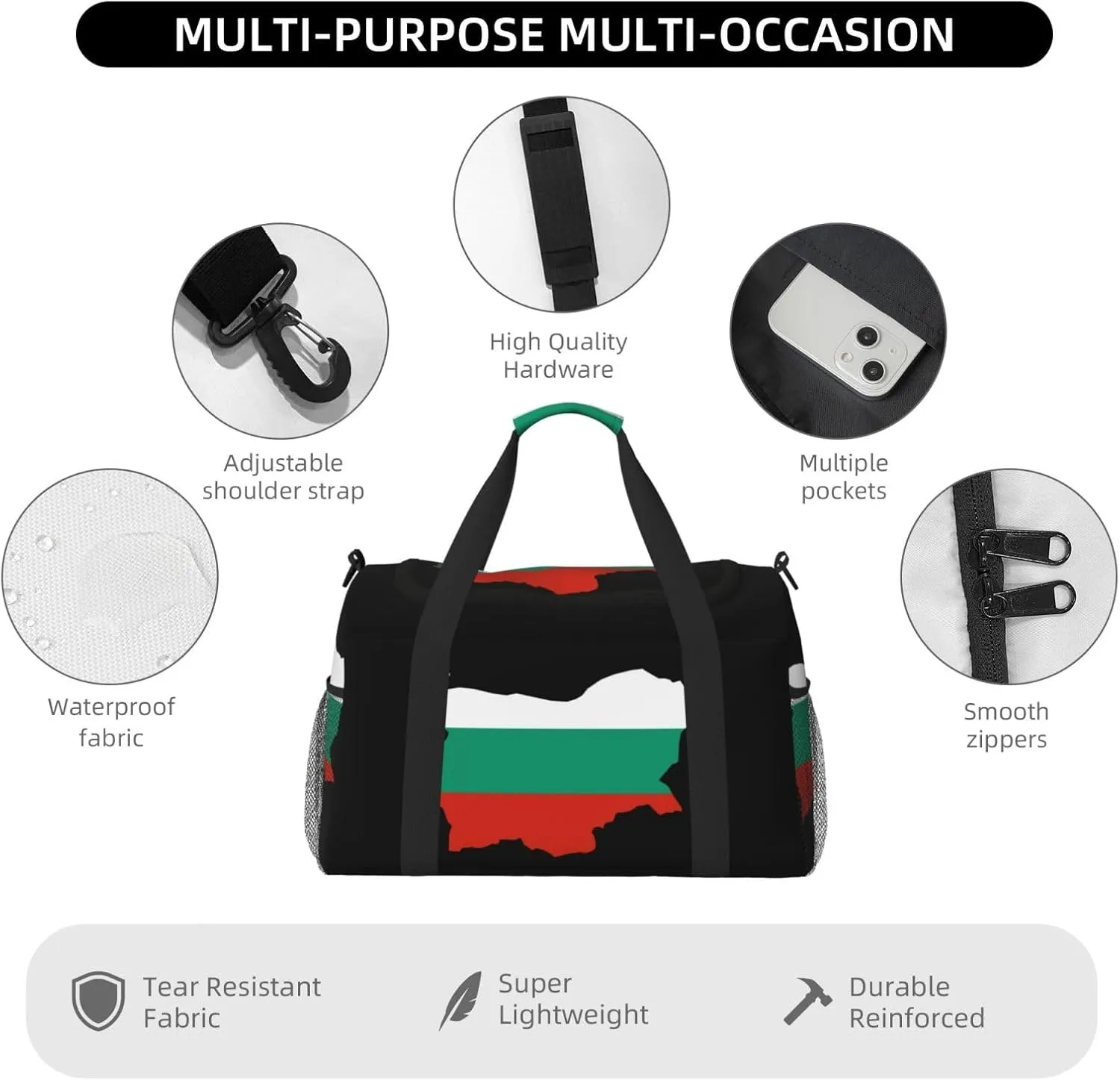 Flag Map Of Bulgaria Travel Duffel Bag Large Foldable Waterproof Overnight Bag For Beach Swim Bags Pool Sports Gym