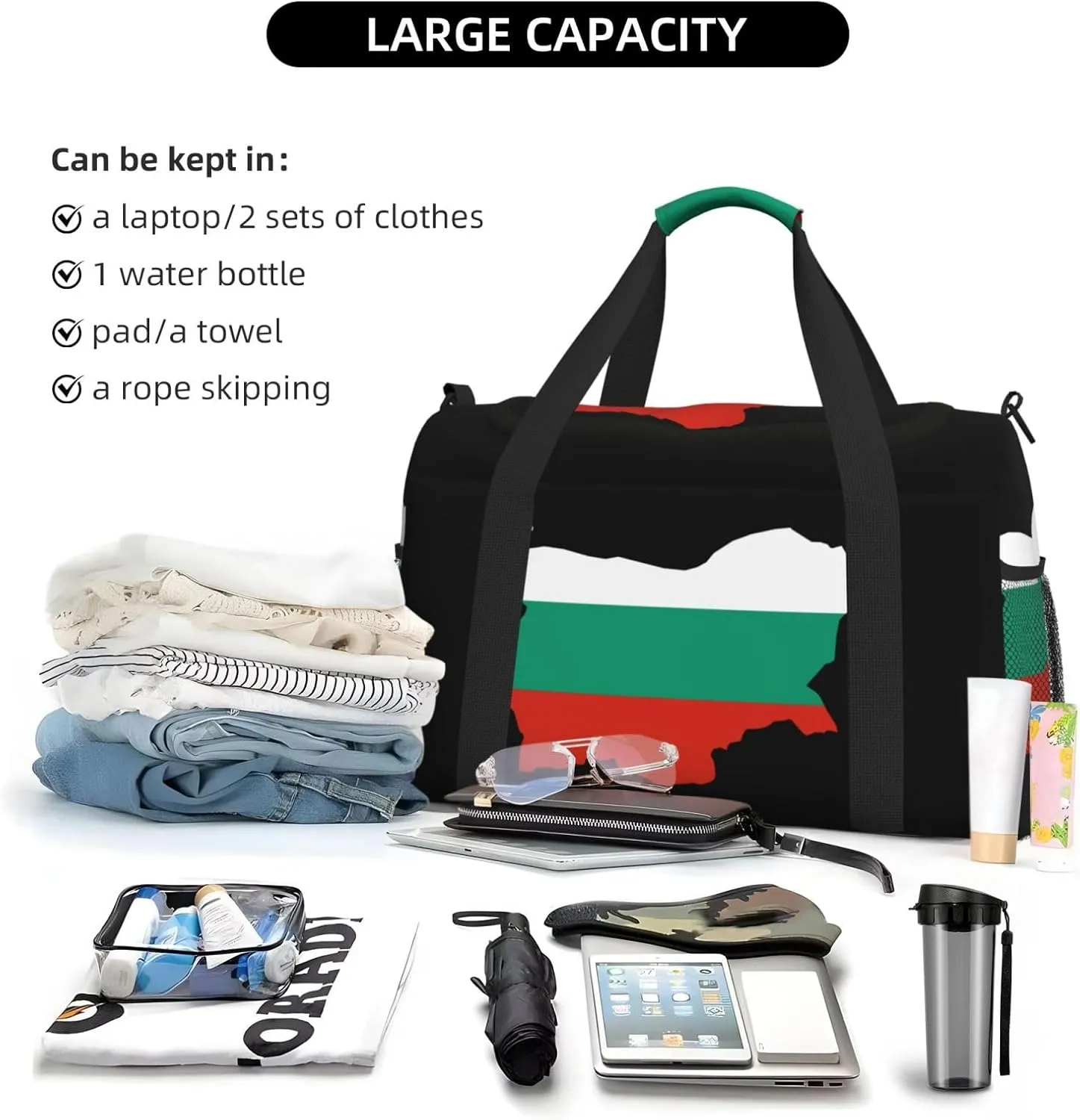 Flag Map Of Bulgaria Travel Duffel Bag Large Foldable Waterproof Overnight Bag For Beach Swim Bags Pool Sports Gym