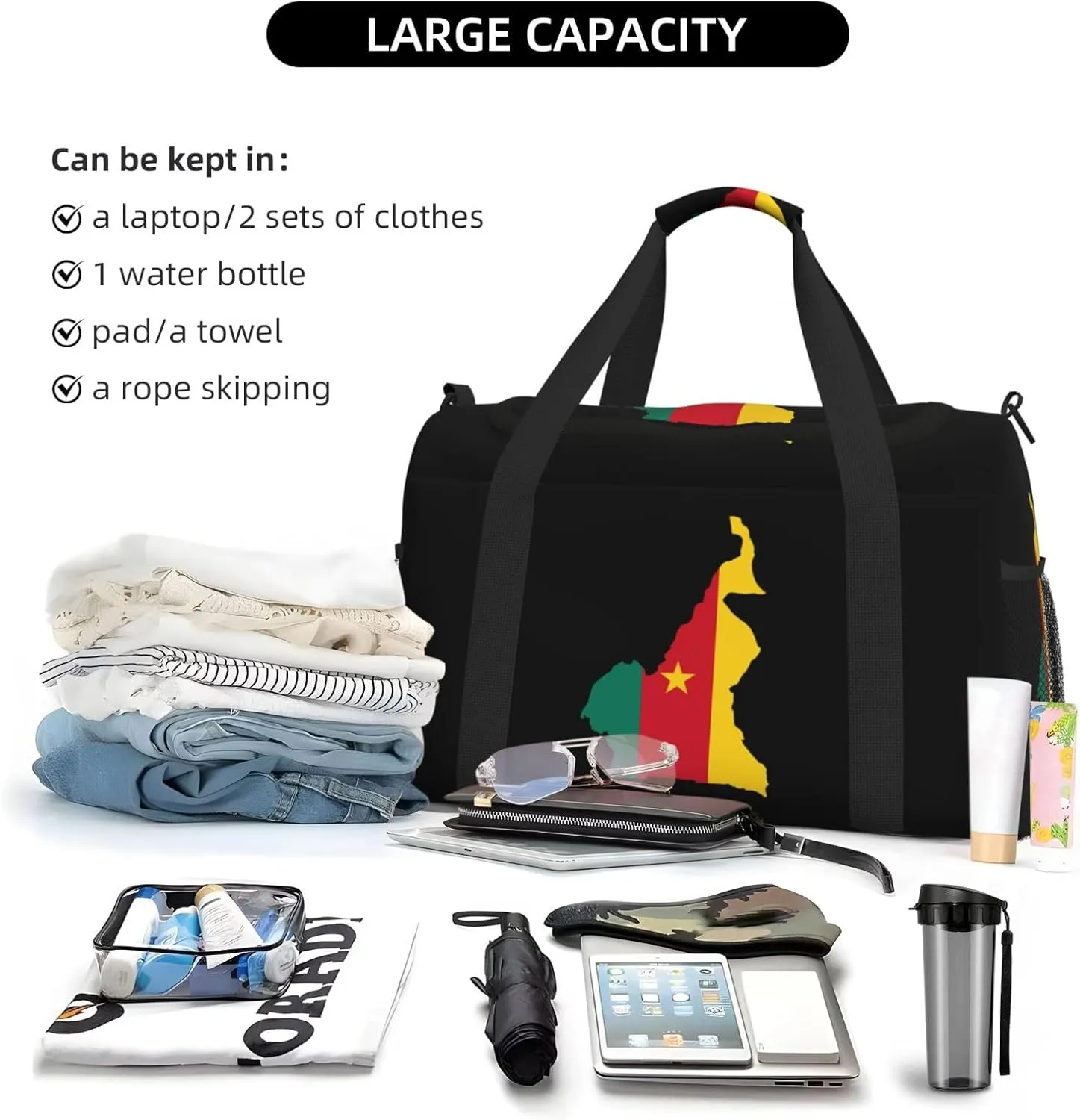 Flag Map Of Cameroon Travel Duffel Bag Large Foldable Waterproof Overnight Bag For Beach Swim Bags Pool Sports Gym
