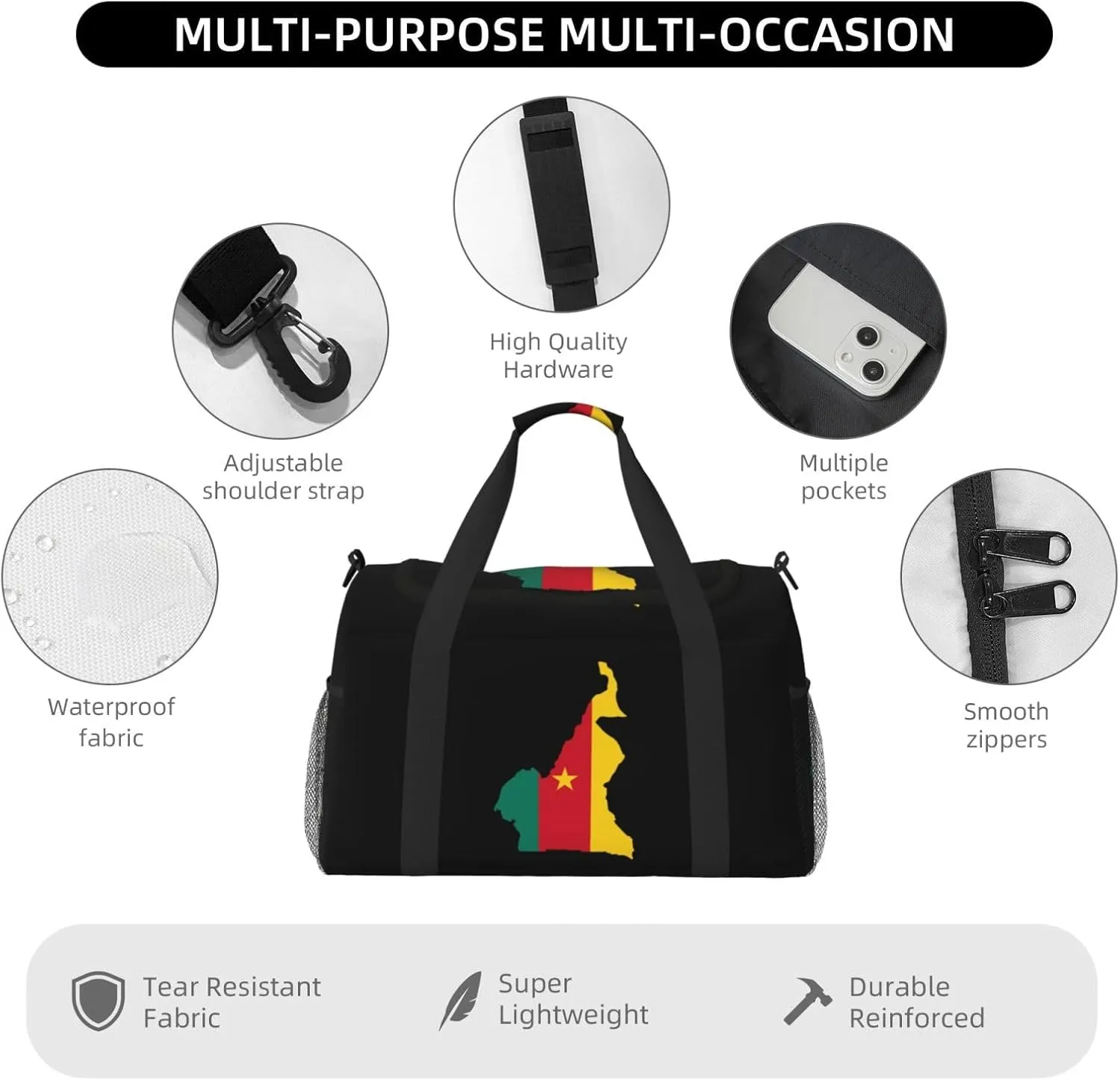 Flag Map Of Cameroon Travel Duffel Bag Large Foldable Waterproof Overnight Bag For Beach Swim Bags Pool Sports Gym