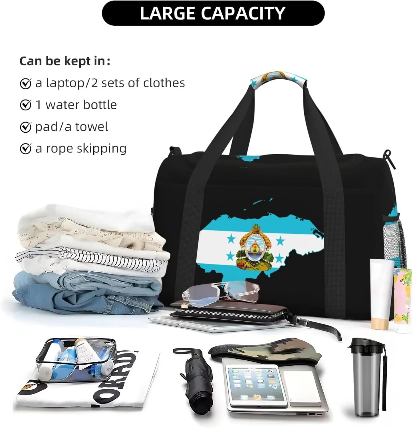 Flag Map Of Honduras Travel Duffel Bag Large Foldable Waterproof Overnight Bag For Beach Swim Bags Pool Sports Gym