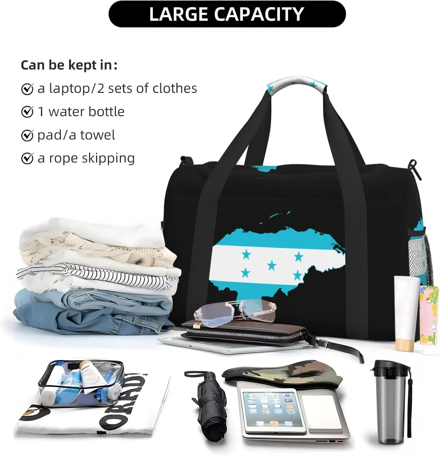 Flag Map Of Honduras Travel Duffel Bag Large Foldable Waterproof Overnight Bag For Beach Swim Bags Pool Sports Gym