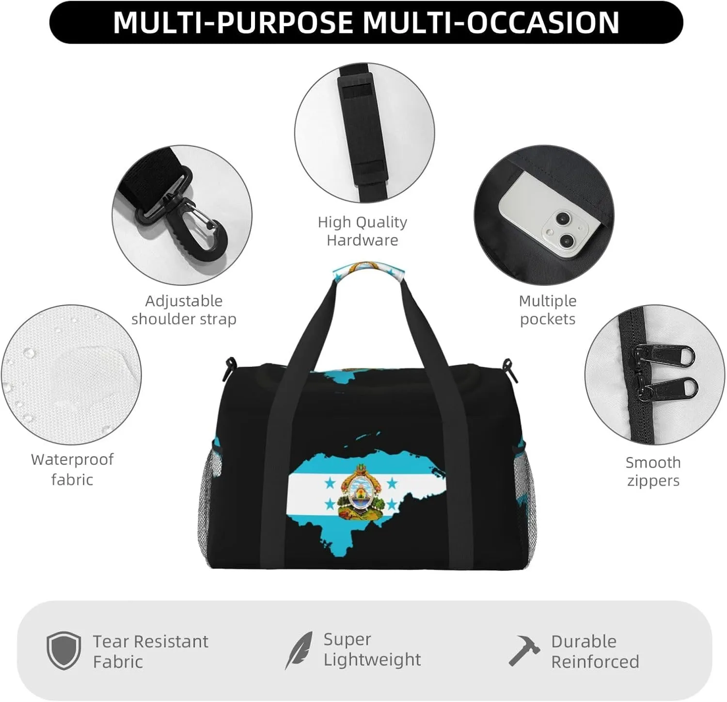 Flag Map Of Honduras Travel Duffel Bag Large Foldable Waterproof Overnight Bag For Beach Swim Bags Pool Sports Gym
