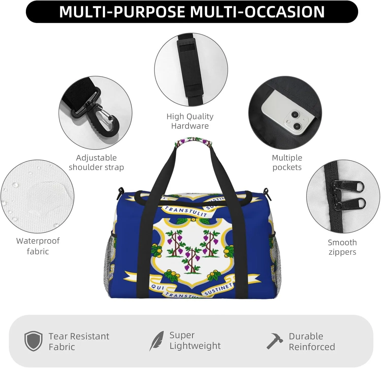 Flag Of Connecticut Travel Duffel Bag Large Foldable Waterproof Overnight Bag For Beach Swim Bags Pool Sports Gym