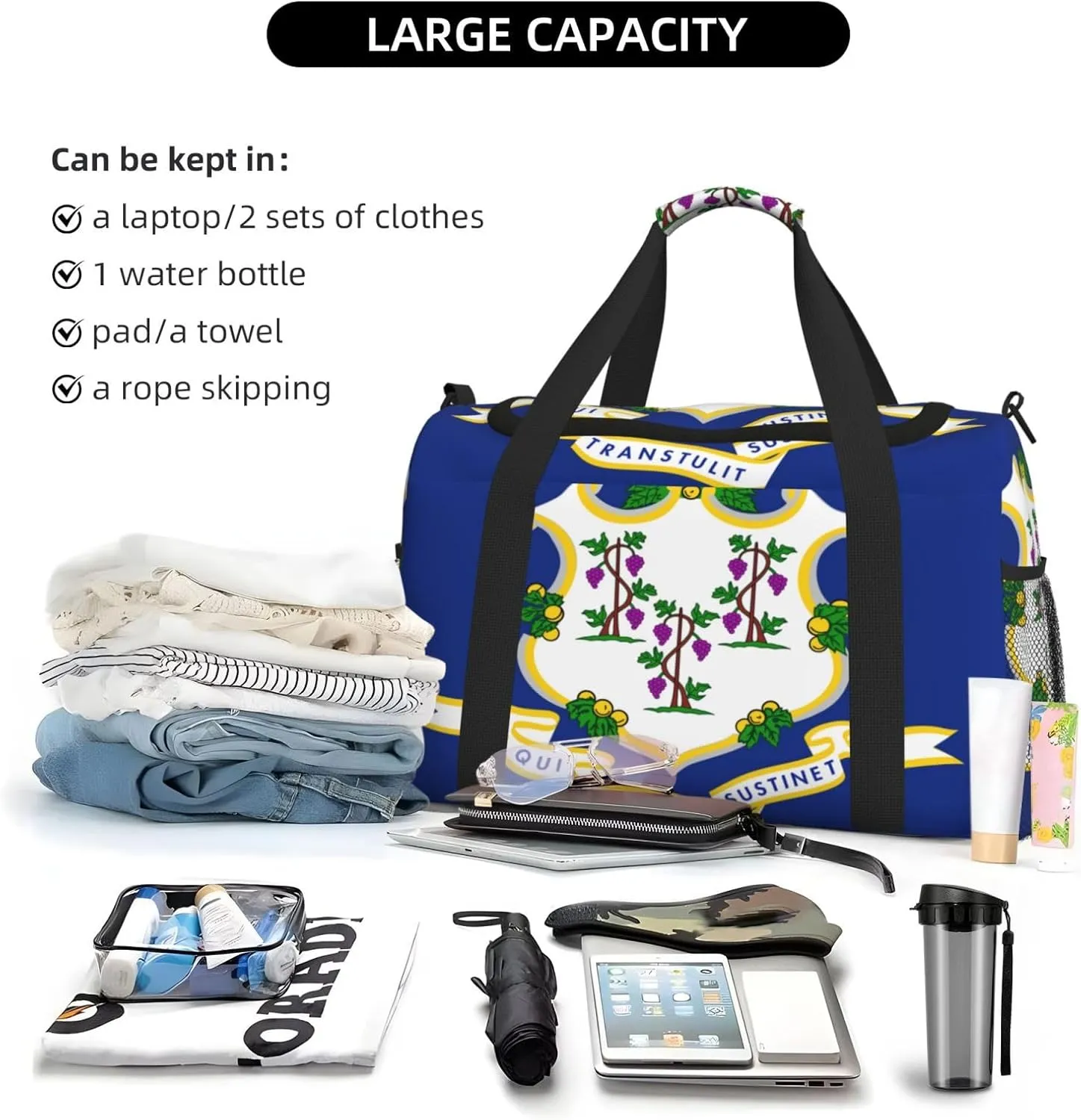 Flag Of Connecticut Travel Duffel Bag Large Foldable Waterproof Overnight Bag For Beach Swim Bags Pool Sports Gym
