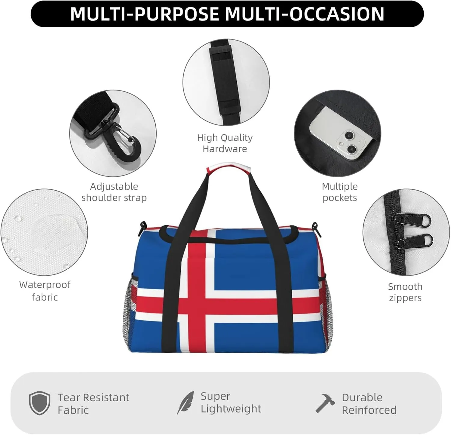 Flag Of Iceland Travel Duffel Bag Large Foldable Waterproof Overnight Bag For Beach Swim Bags Pool Sports Gym
