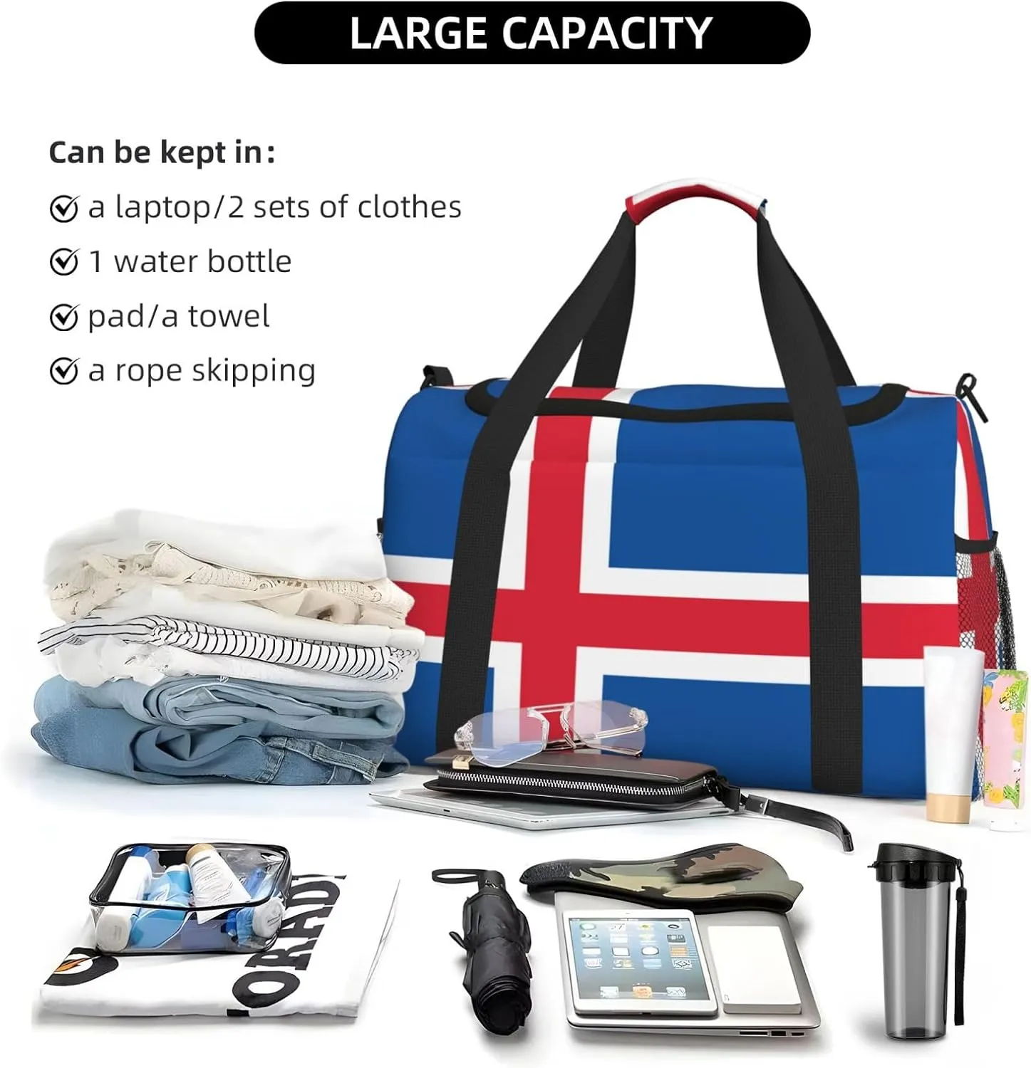 Flag Of Iceland Travel Duffel Bag Large Foldable Waterproof Overnight Bag For Beach Swim Bags Pool Sports Gym