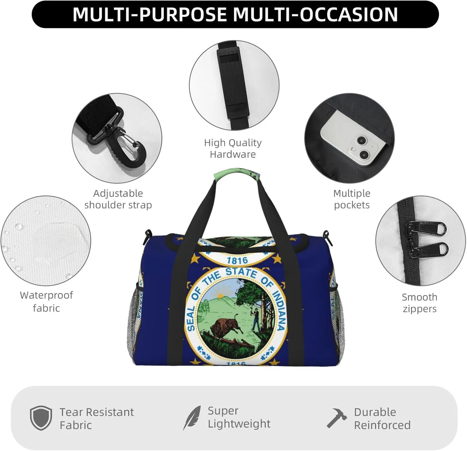 Flag Of Indiana Travel Duffel Bag Large Foldable Waterproof Overnight Bag For Beach Swim Bags Pool Sports Gym