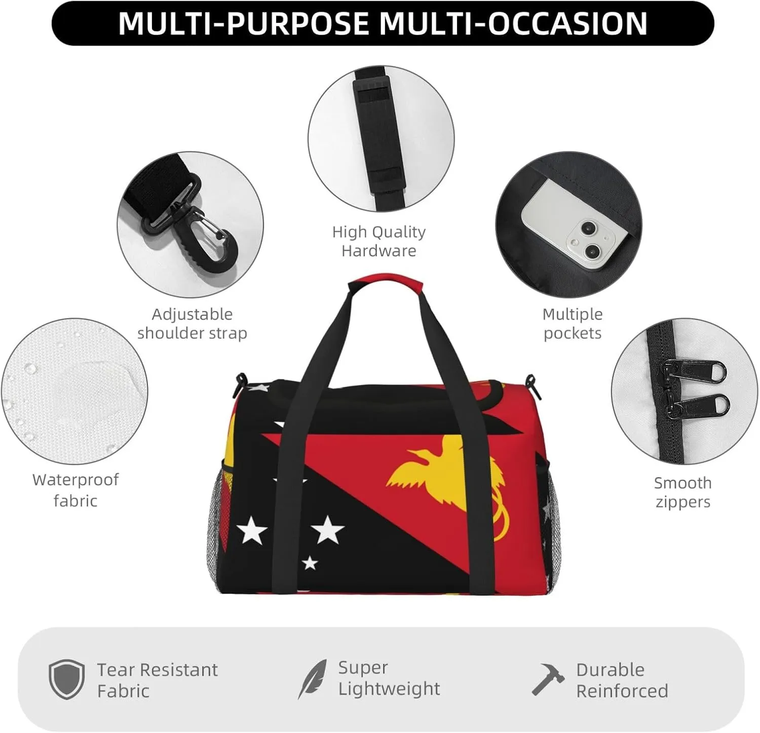 Flag Of New Guinea Travel Duffel Bag Large Foldable Waterproof Overnight Bag For Beach Swim Bags Pool Sports Gym