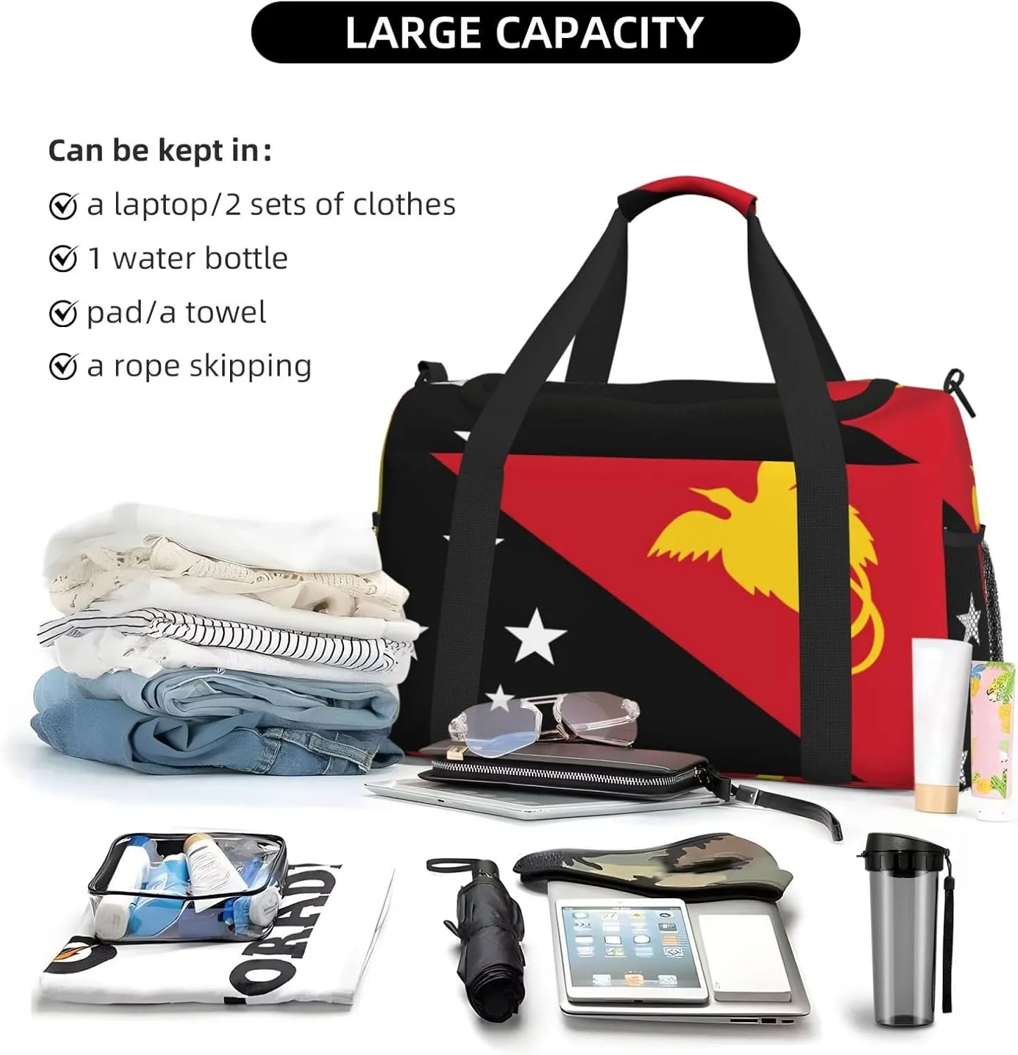 Flag Of New Guinea Travel Duffel Bag Large Foldable Waterproof Overnight Bag For Beach Swim Bags Pool Sports Gym