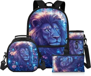 Flashideas Aesthetic Lion Backpack for Kids Girls Backpack with Lunch Box Water Bottle Carrier and Fabric Pencil Pouch 4 PCS Set 17" Lightweight School Bag Sturdy Bookbag with Front Pocket for School