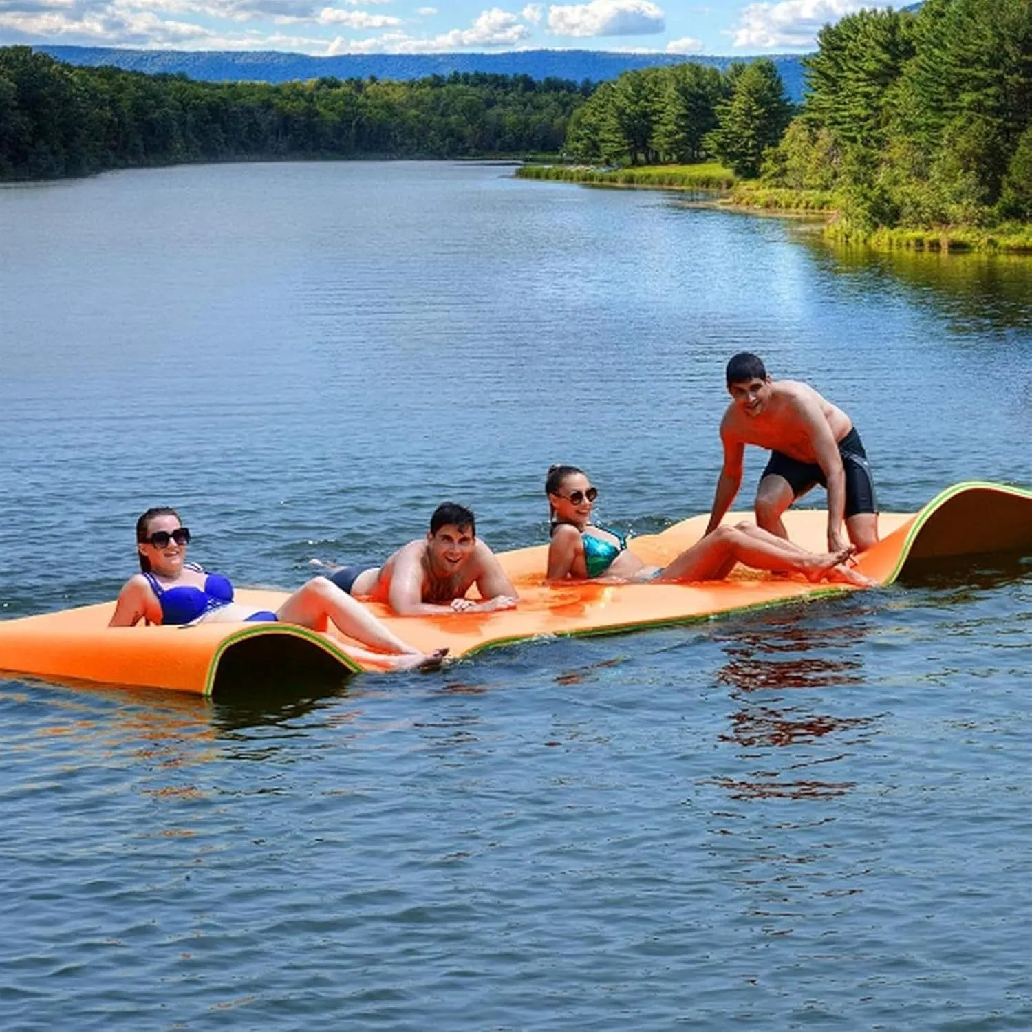 Floating Mat, Floating Water Mat, with Rolling Pillow Design, Bouncy Tear-Resistant 3-Layer XPE Foam, Roll-Up Floating Island River Rafts