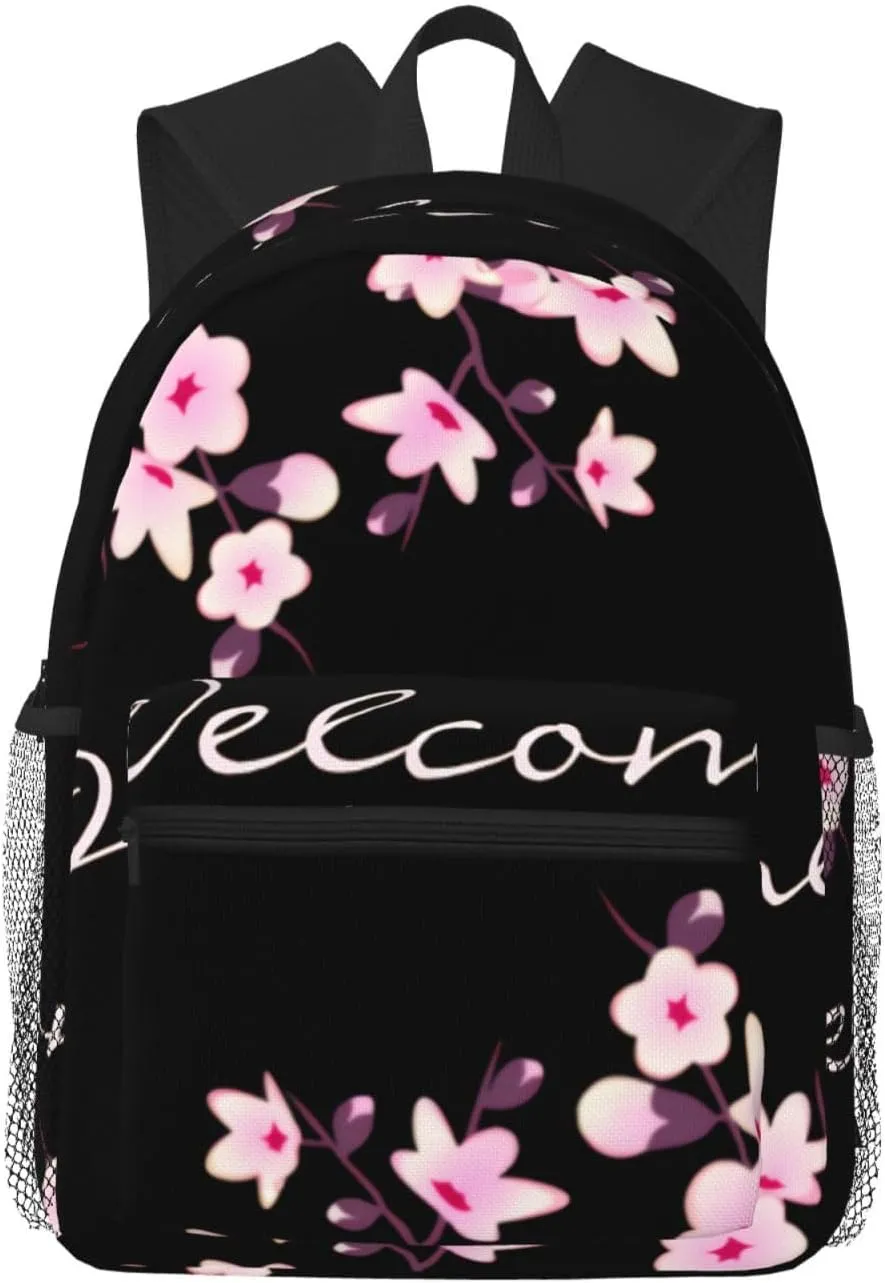 Floral Cherry Blossoms Pink Black Welcome Lightweight Packable Backpack Travel Casual Hiking Daypack Foldable Backpack For Men Women