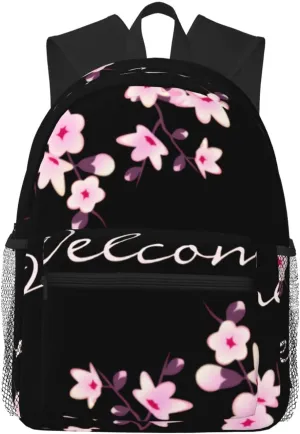 Floral Cherry Blossoms Pink Black Welcome Lightweight Packable Backpack Travel Casual Hiking Daypack Foldable Backpack For Men Women