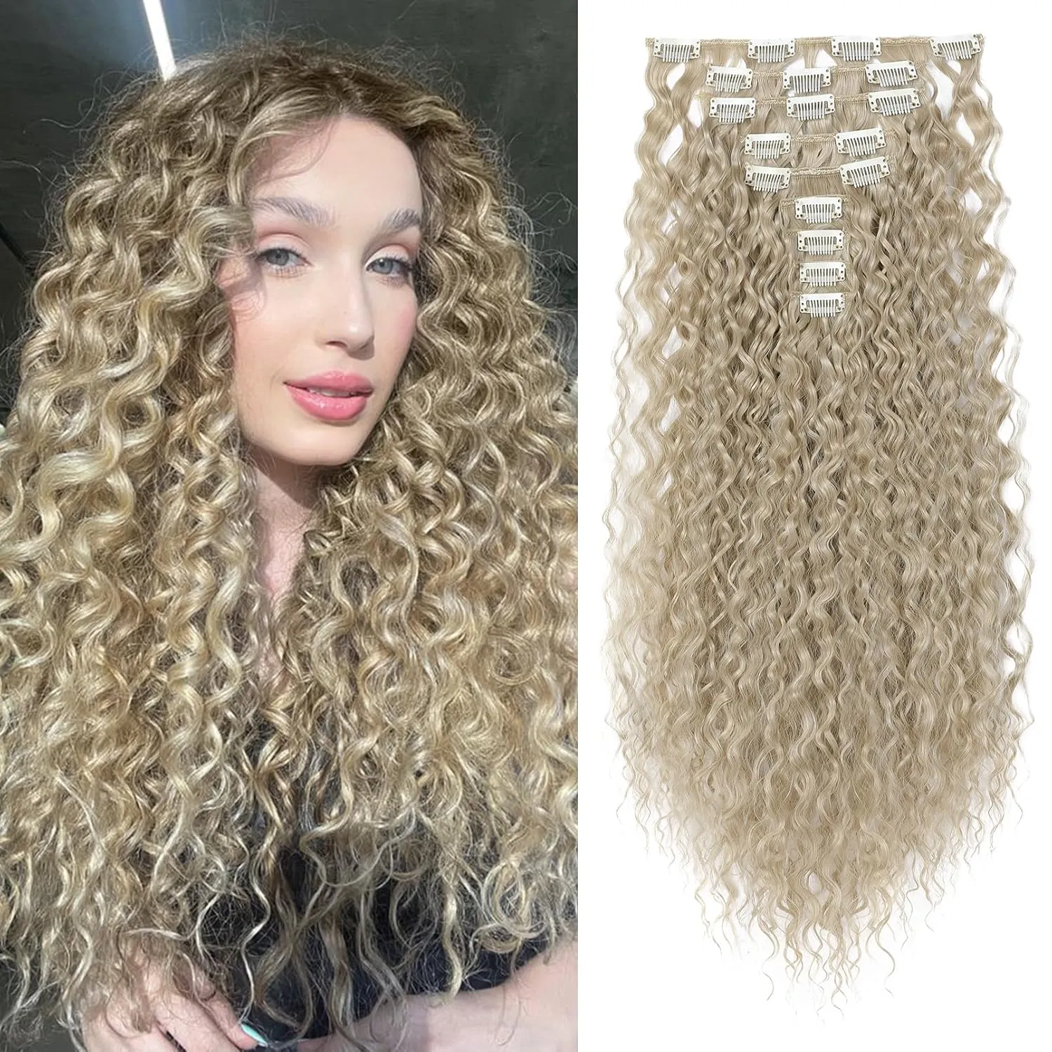 FLUFYMOOZ 9PCS Clip in Hair Extensions 22 Inch Curly Hair Extension Long Soft Synthetic Hairpieces for Women (Ash Blonde)