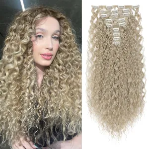 FLUFYMOOZ 9PCS Clip in Hair Extensions 22 Inch Curly Hair Extension Long Soft Synthetic Hairpieces for Women (Ash Blonde)