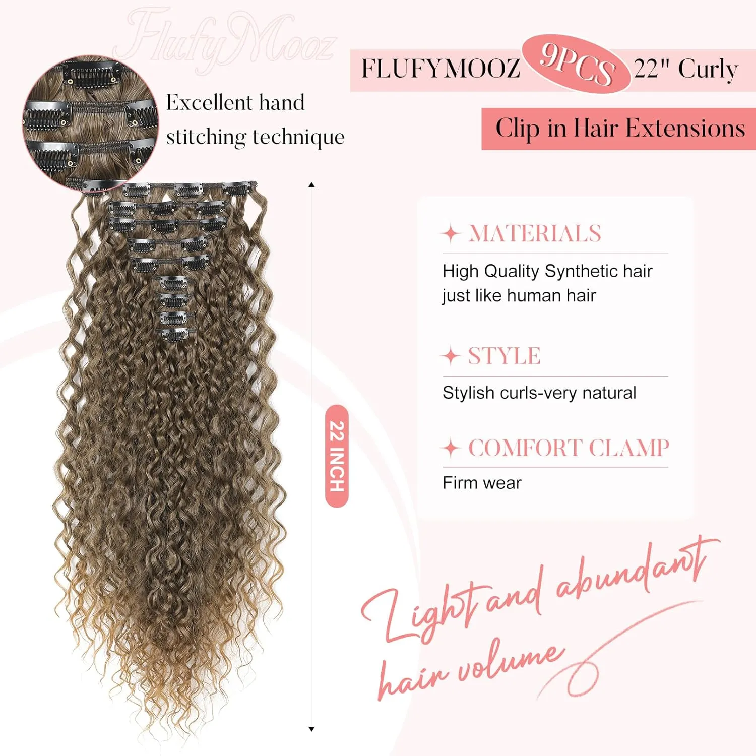 FLUFYMOOZ 9PCS Clip in Hair Extensions 22 Inch Curly Hair Extension Long Soft Synthetic Hairpieces for Women (Ash Brown to Blonde)