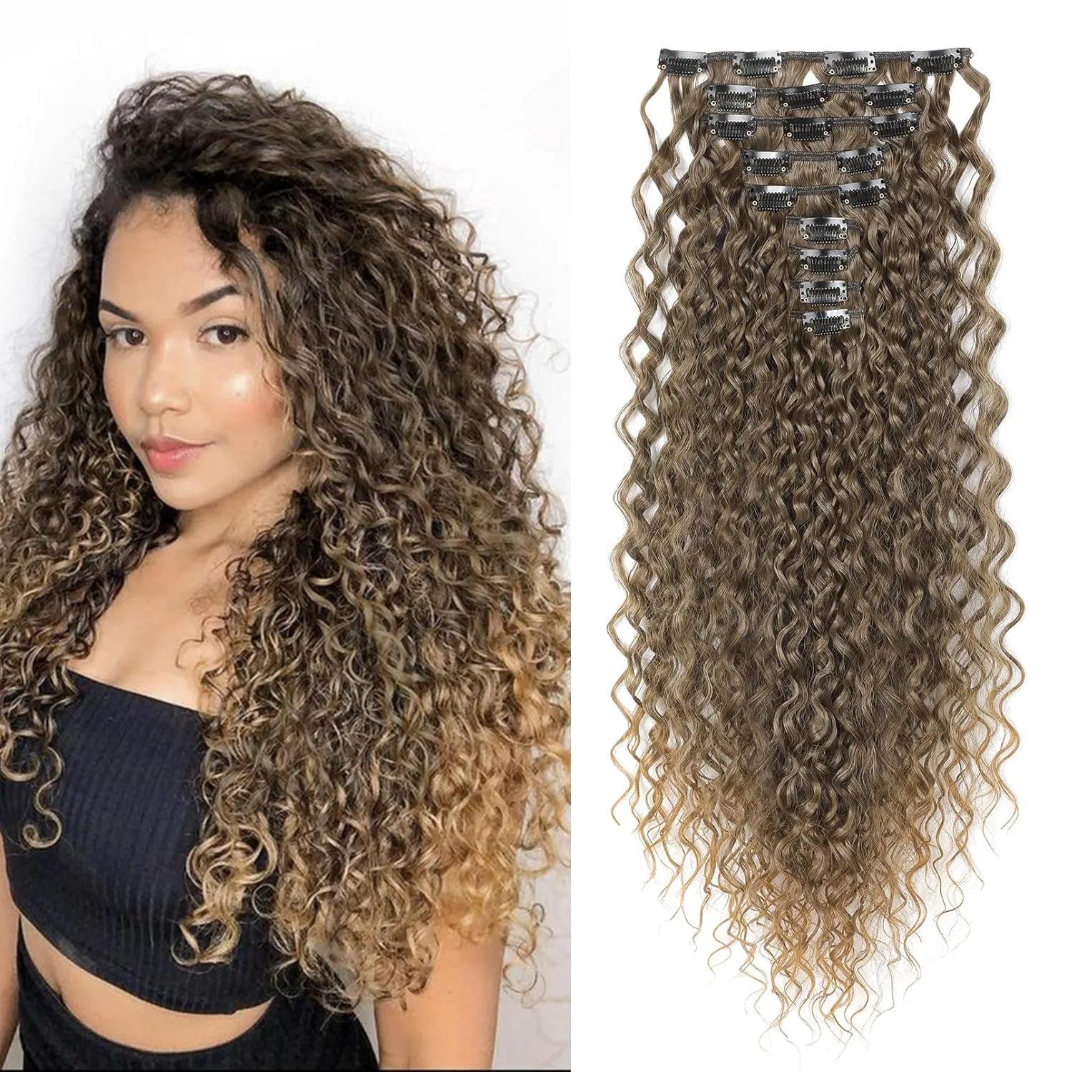 FLUFYMOOZ 9PCS Clip in Hair Extensions 22 Inch Curly Hair Extension Long Soft Synthetic Hairpieces for Women (Ash Brown to Blonde)