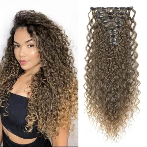 FLUFYMOOZ 9PCS Clip in Hair Extensions 22 Inch Curly Hair Extension Long Soft Synthetic Hairpieces for Women (Ash Brown to Blonde)