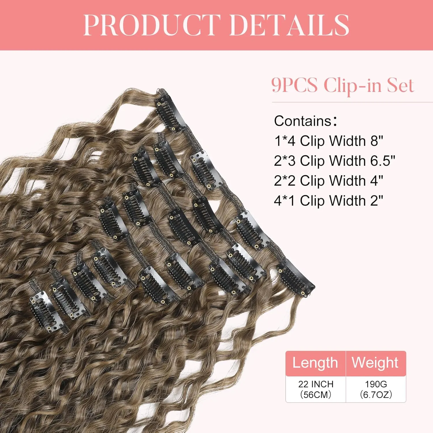 FLUFYMOOZ 9PCS Clip in Hair Extensions 22 Inch Curly Hair Extension Long Soft Synthetic Hairpieces for Women (Ash Brown to Blonde)